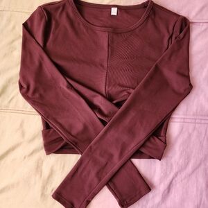 90 Degrees by Reflex Dark Maroon/Brown Yoga Knotted Cropped Elastic Top